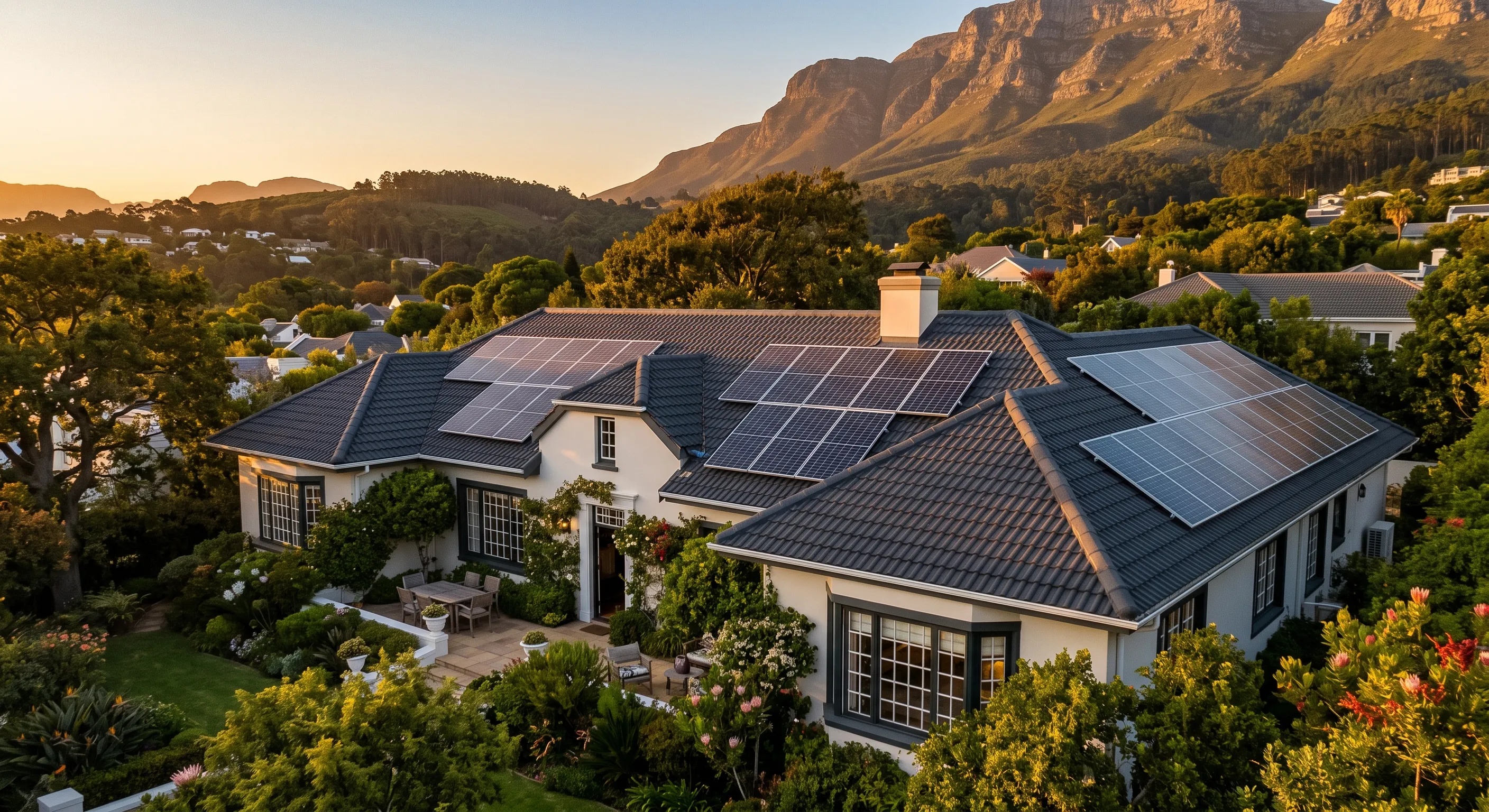 Aerial view of a Cape Town home with rooftop solar panels at sunset
